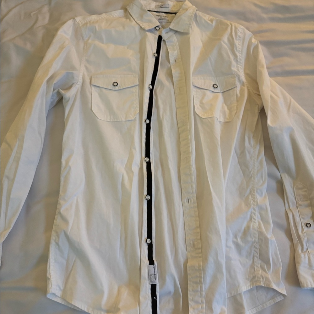 White Button-Up Shirt with Navy trim